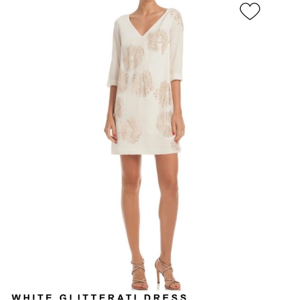 Trina Turk White Glitterati Dress Gold beading Mini Dress silk flow fireworks